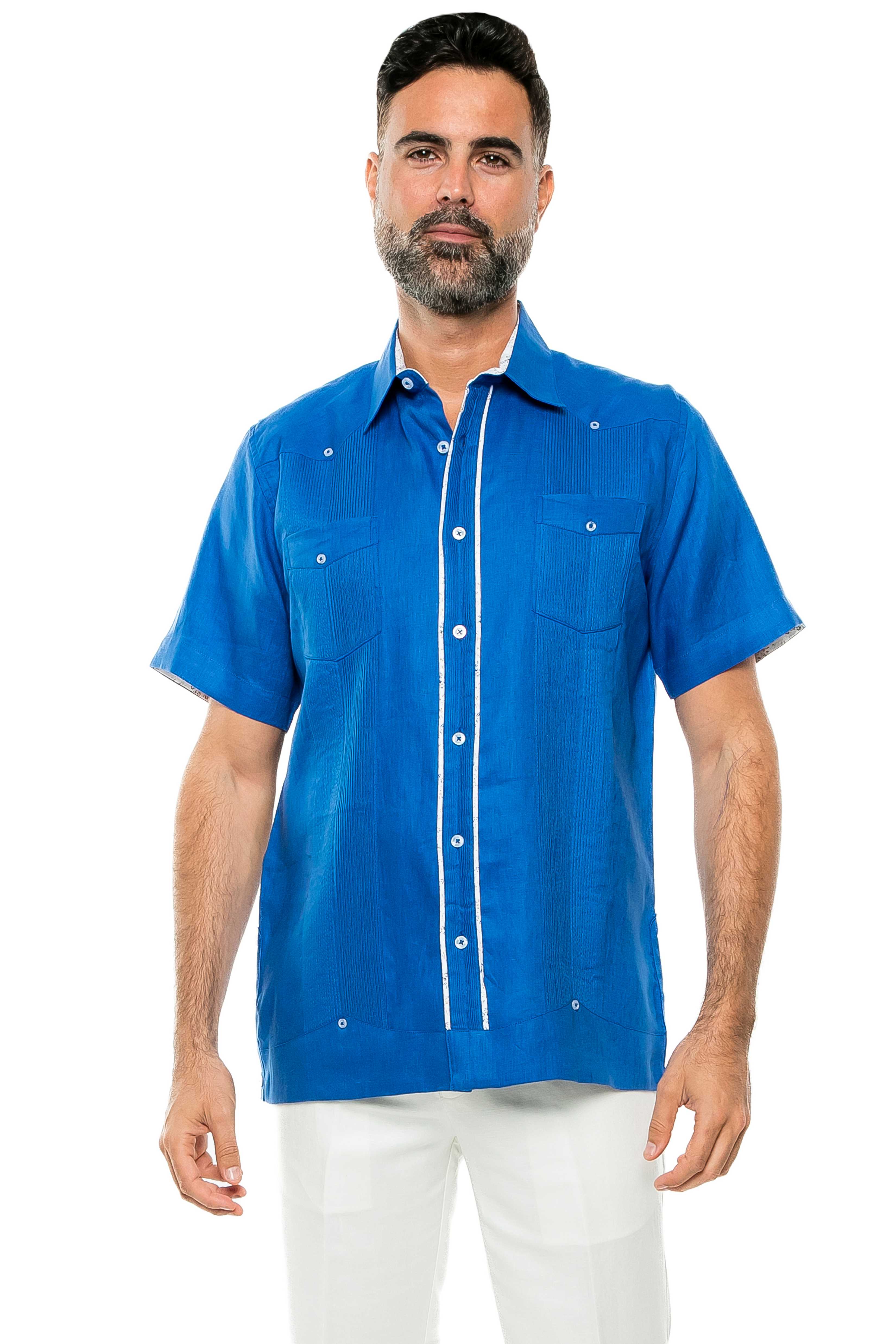 Mojito Men's Guayabera Shirt Short Sleeve 100% Linen with Stylish Print Trim Accent - Mojito Collection - Guayabera, Long Sleeve Shirt, Mens Shirt, Mojito Guayabera Shirt