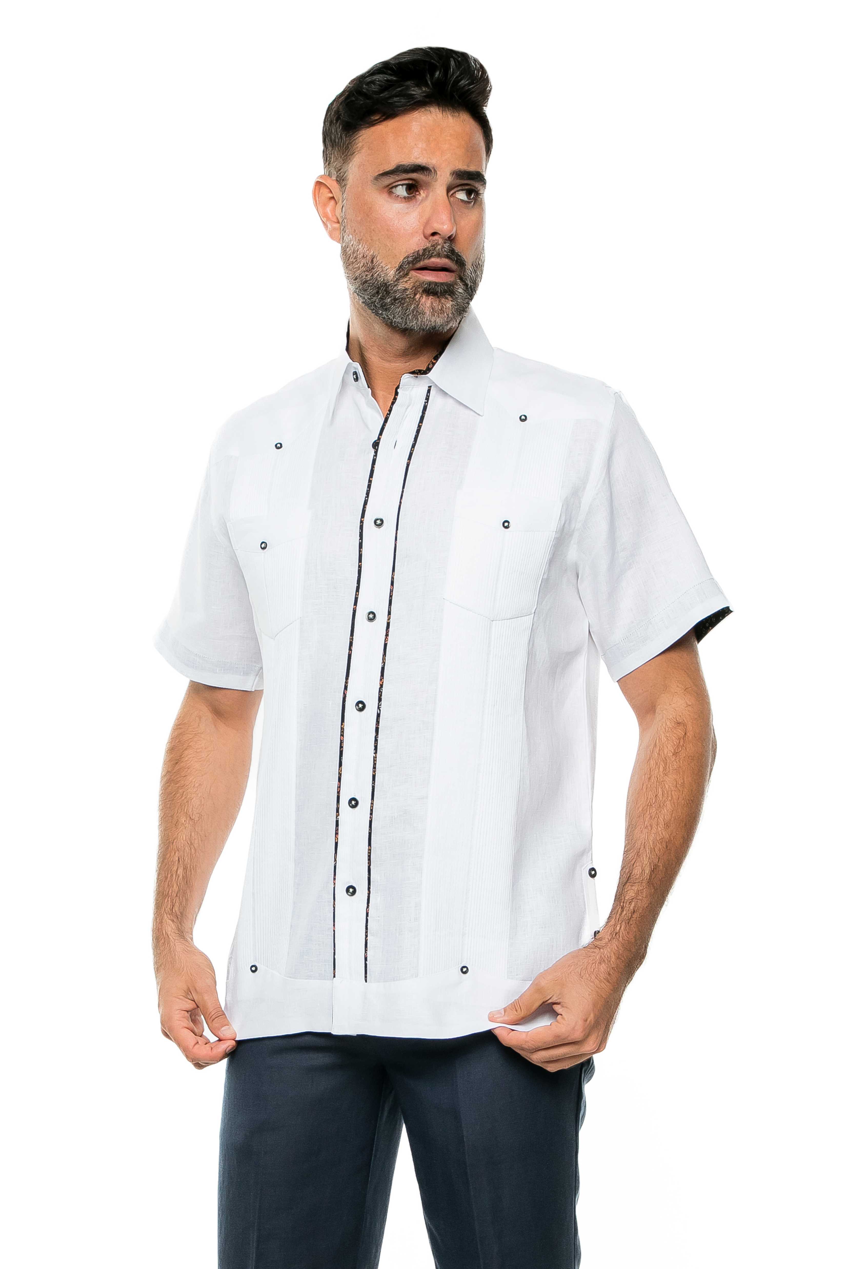 Mojito Men's Guayabera Shirt Short Sleeve 100% Linen with Stylish Print Trim Accent - Mojito Collection - Guayabera, Long Sleeve Shirt, Mens Shirt, Mojito Guayabera Shirt