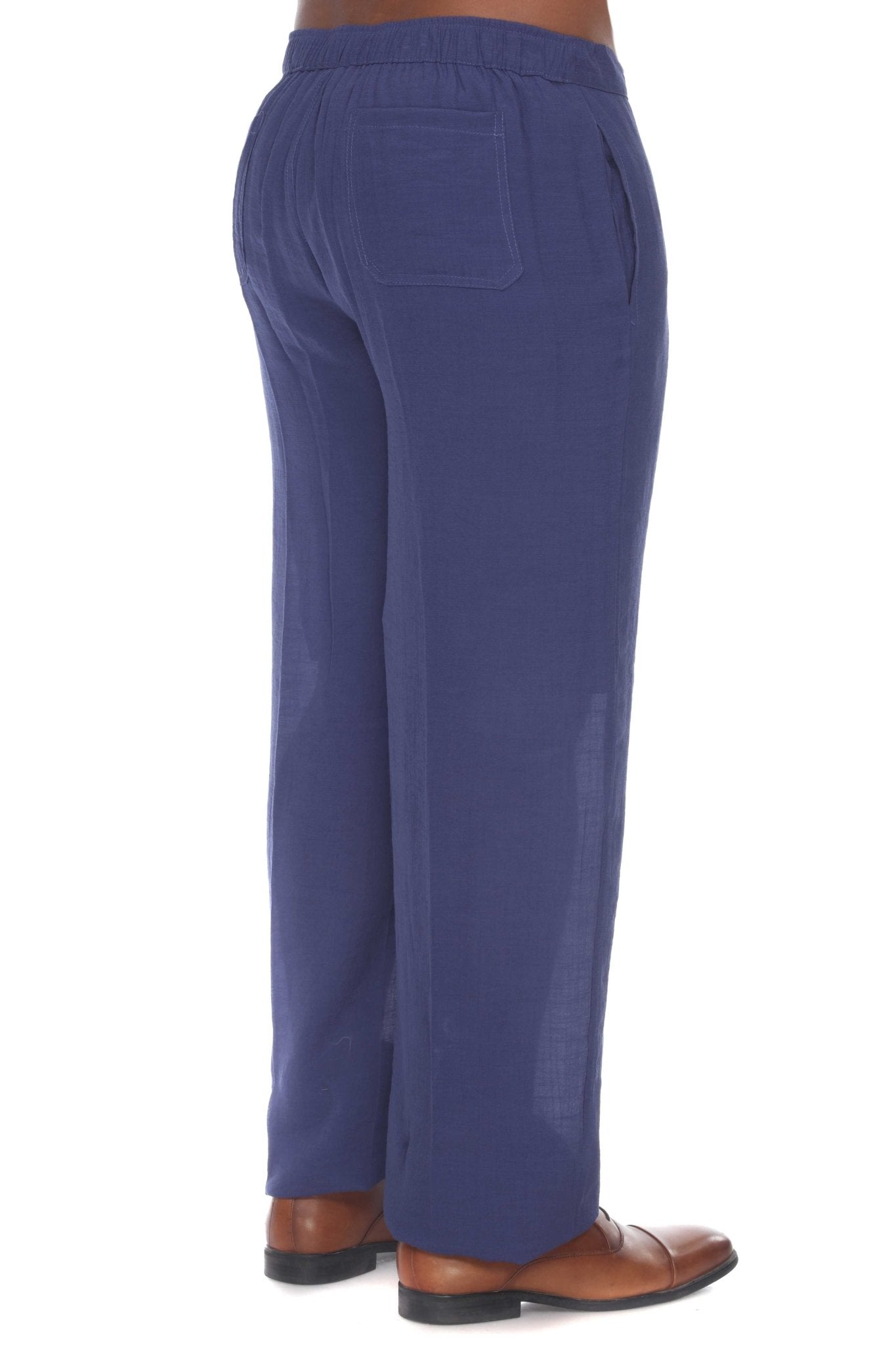 Rear view of navy Men's Casual Drawstring Beach Pants with pockets and brown shoes.