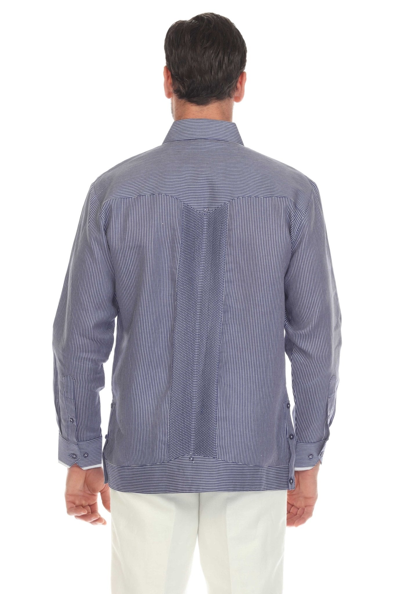 Back view of a striped blue 100% Linen Contrast Panel Guayabera Shirt Long Sleeve.