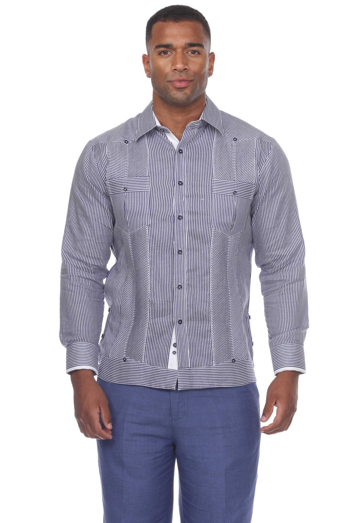 Front view of a man wearing a striped 100% Linen Contrast Panel Guayabera Shirt Long Sleeve in a buttoned up style.