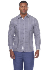 100% Linen Contrast Panel Guayabera Shirt Long Sleeve