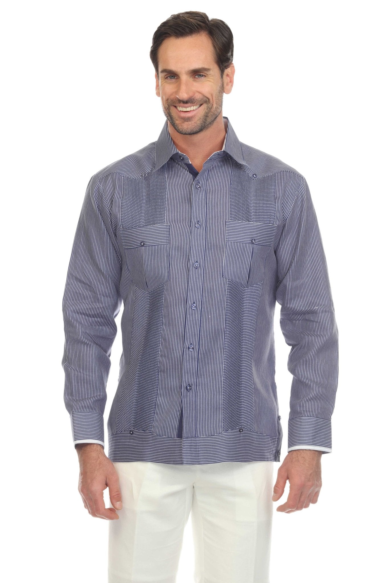Front view of smiling man wearing a blue striped 100% Linen Contrast Panel Guayabera Shirt Long Sleeve.