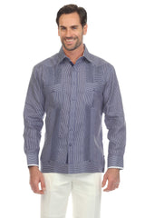 Men’s 100% Linen Long Sleeve Guayabera – Contrast Panel & Tonal Pleats