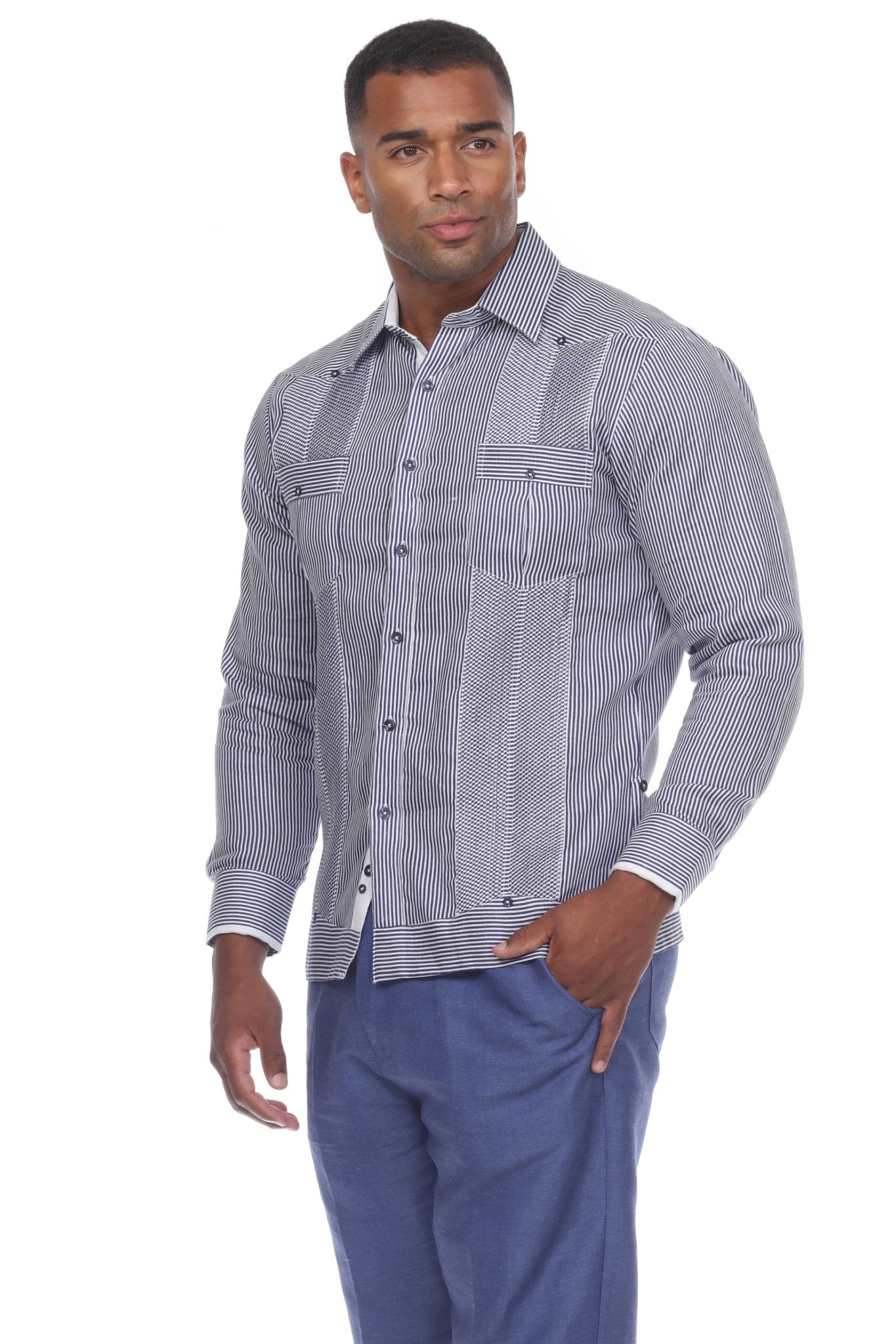 Men's Contrast Panel 100% Linen Guayabera Long Sleeve – Mojito