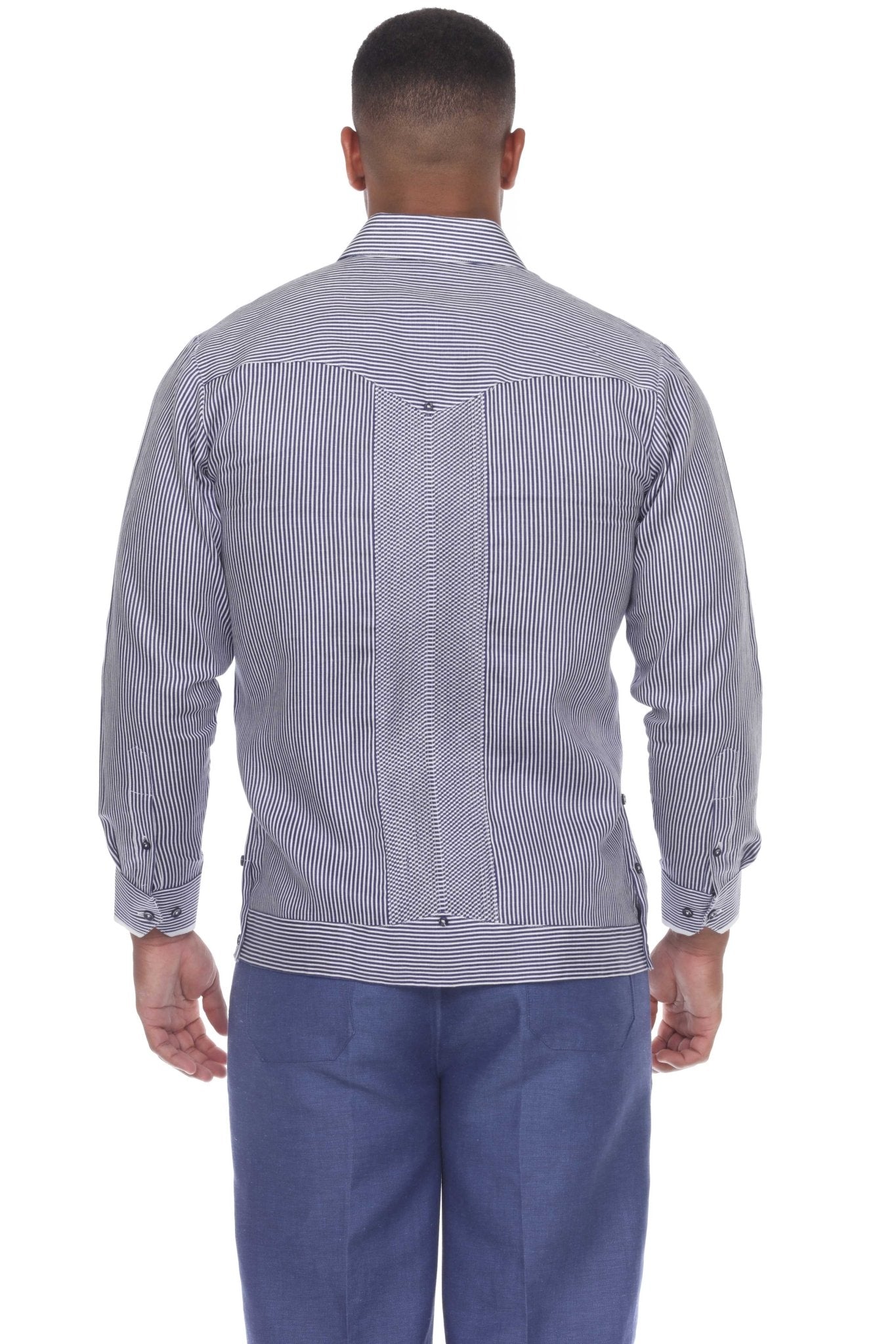 Back view of a man wearing a blue and white pinstripe 100% Linen Contrast Panel Guayabera Shirt Long Sleeve.