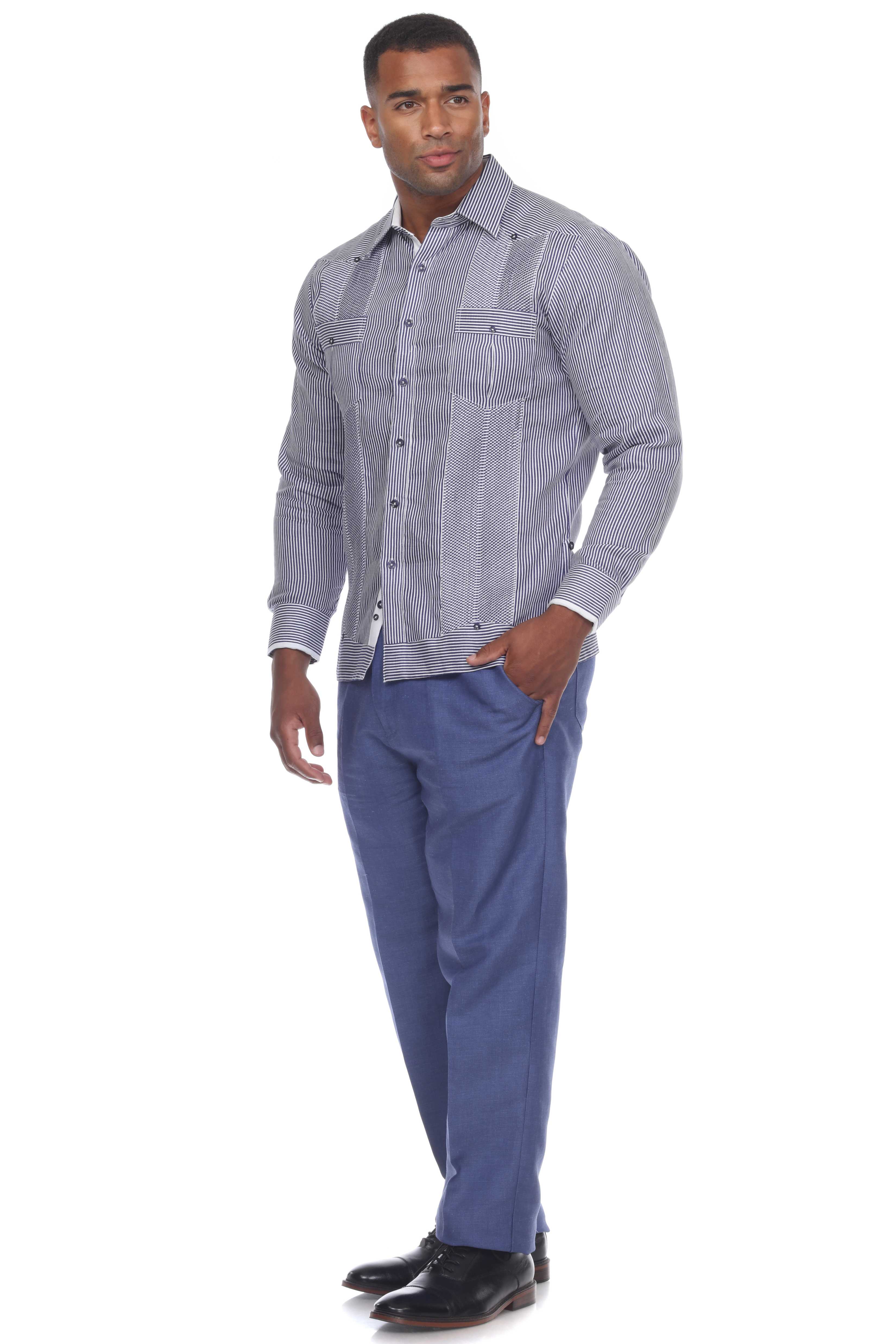 Mojito Collection Pinstripe 100% Linen Guayabera Shirt Long Sleeve - Mojito Collection - Guayabera, Long Sleeve Shirt, Mens Shirt, Mojito Guayabera Shirt