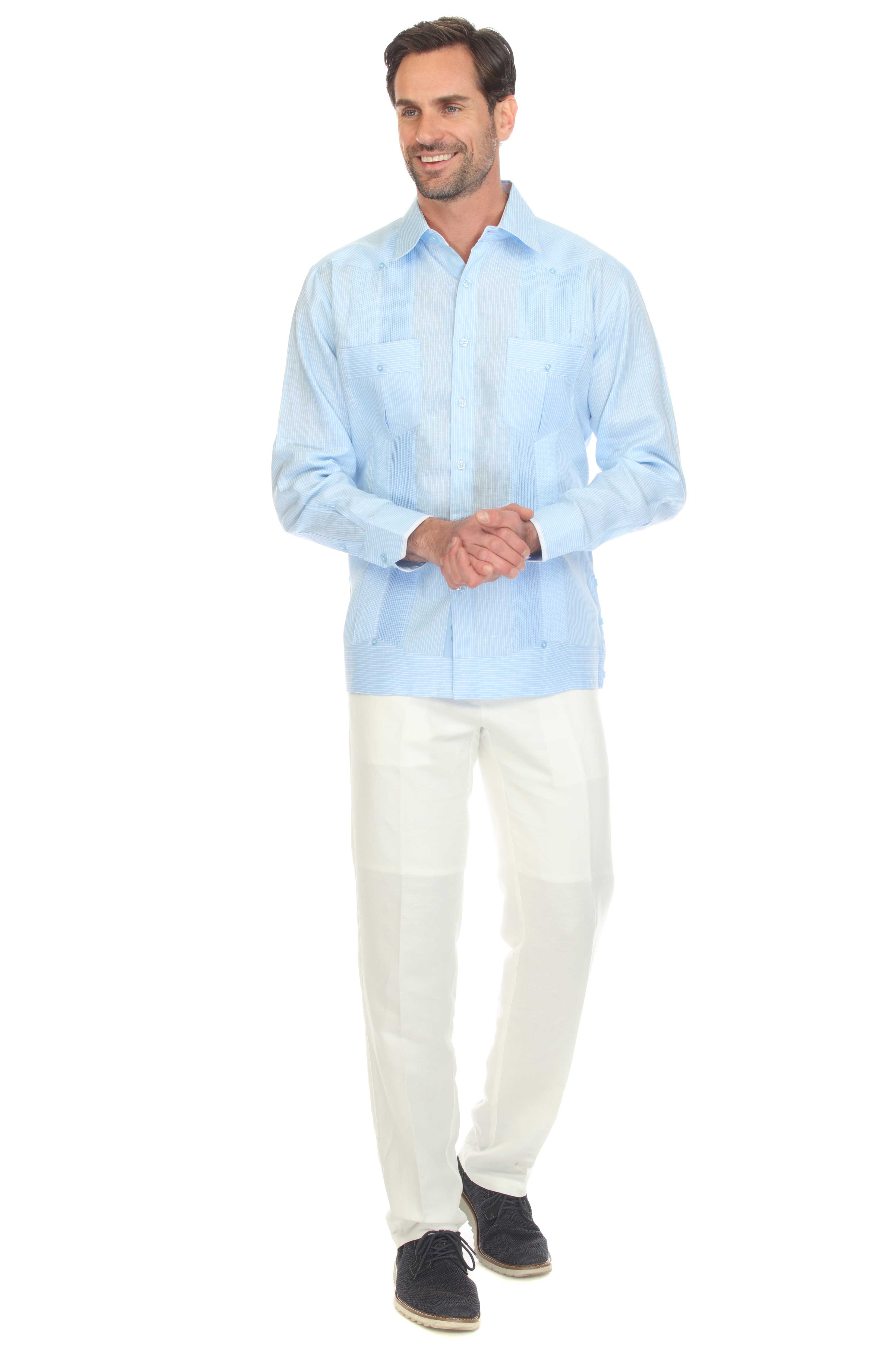 Mojito Collection Pinstripe 100% Linen Guayabera Shirt Long Sleeve - Mojito Collection - Guayabera, Long Sleeve Shirt, Mens Shirt, Mojito Guayabera Shirt