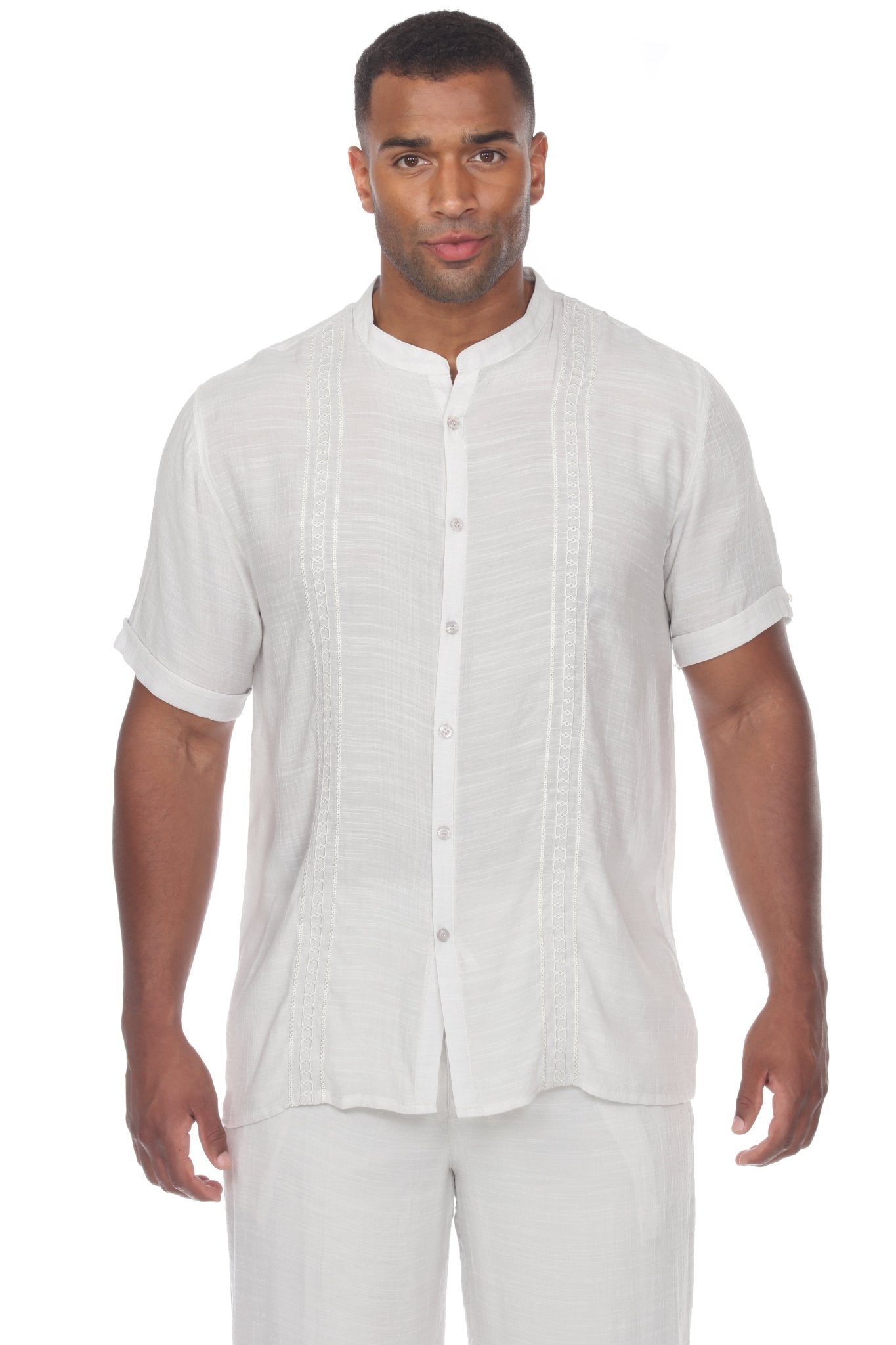 Men's Embroidered Mandarin Collar Beachwear Shirt SS Medium / Silver Men's Embroidered Mandarin Collar Beachwear Shirt SS Medium / Silver
