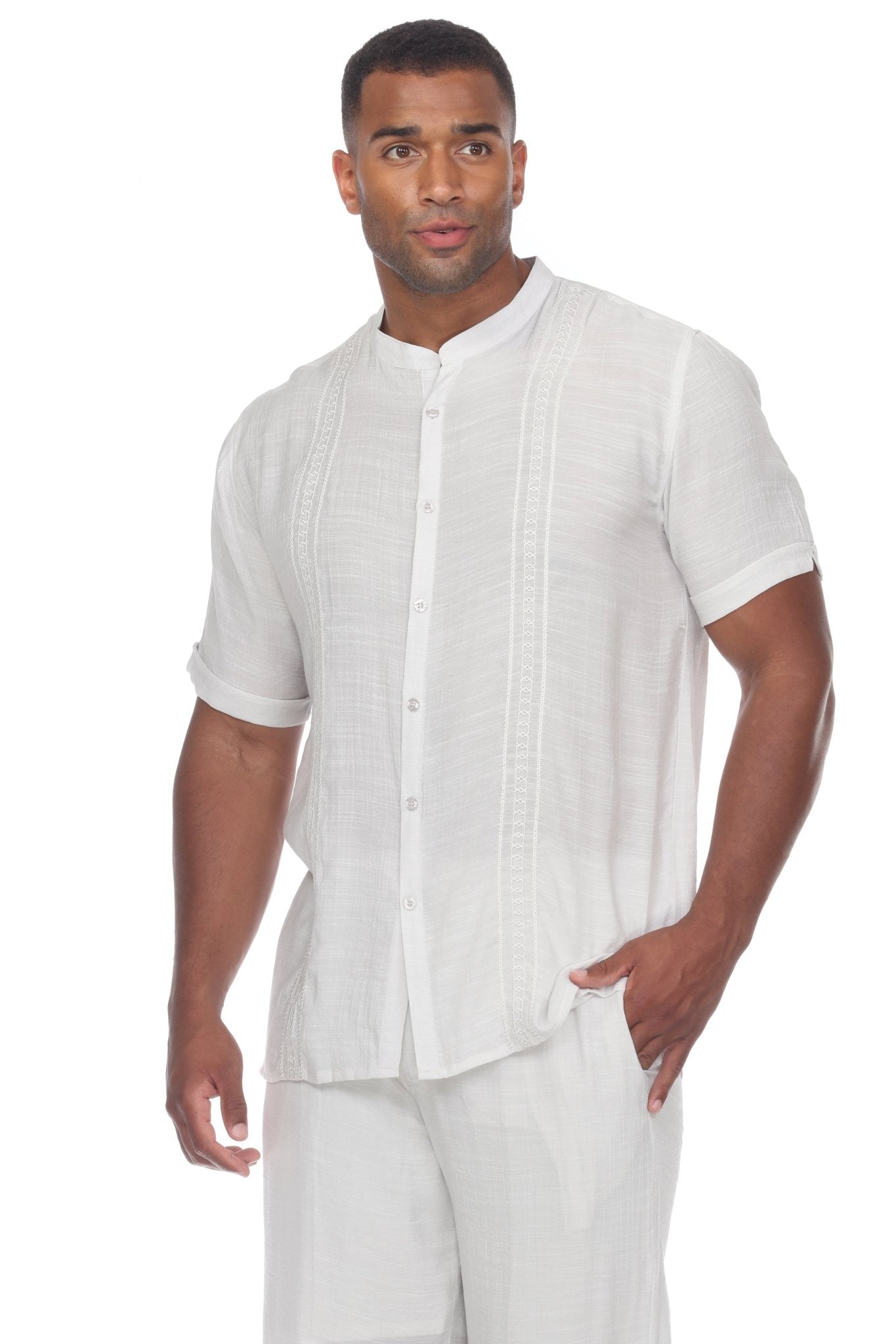 Camisa informal de manga corta con botones y cuello mandarín bordado para playa