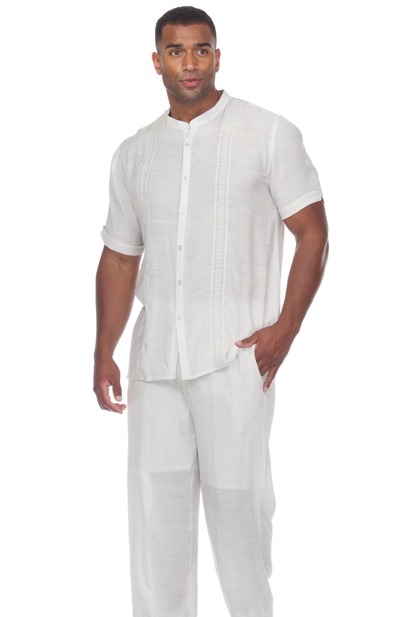Men's Casual Embroidered Mandarin Collar Beachwear Shirt Short Sleeve Button Down