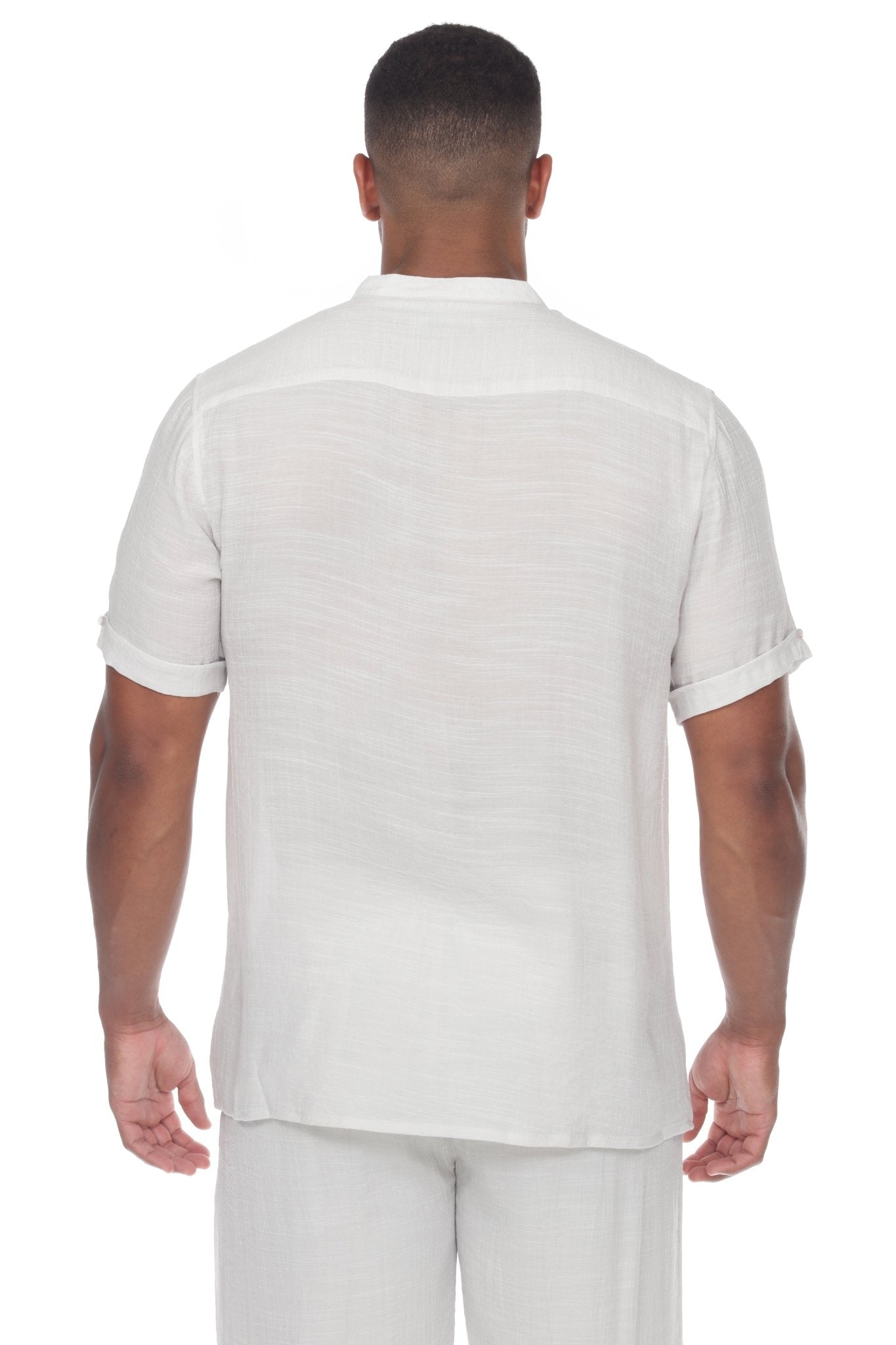 Camisa informal de playa con cuello mandarín y bordado para hombre, manga corta con botones