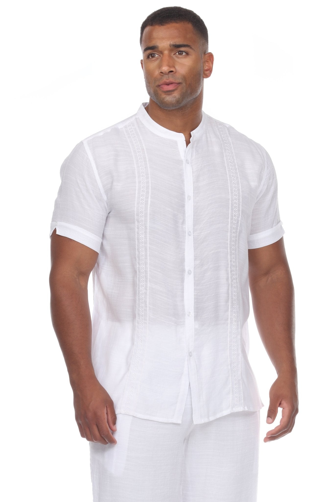 Camisa informal de playa con cuello mandarín y bordado para hombre, manga corta con botones