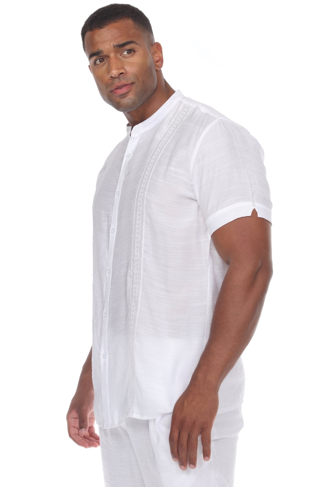 Camisa informal de playa con cuello mandarín y bordado para hombre, manga corta con botones