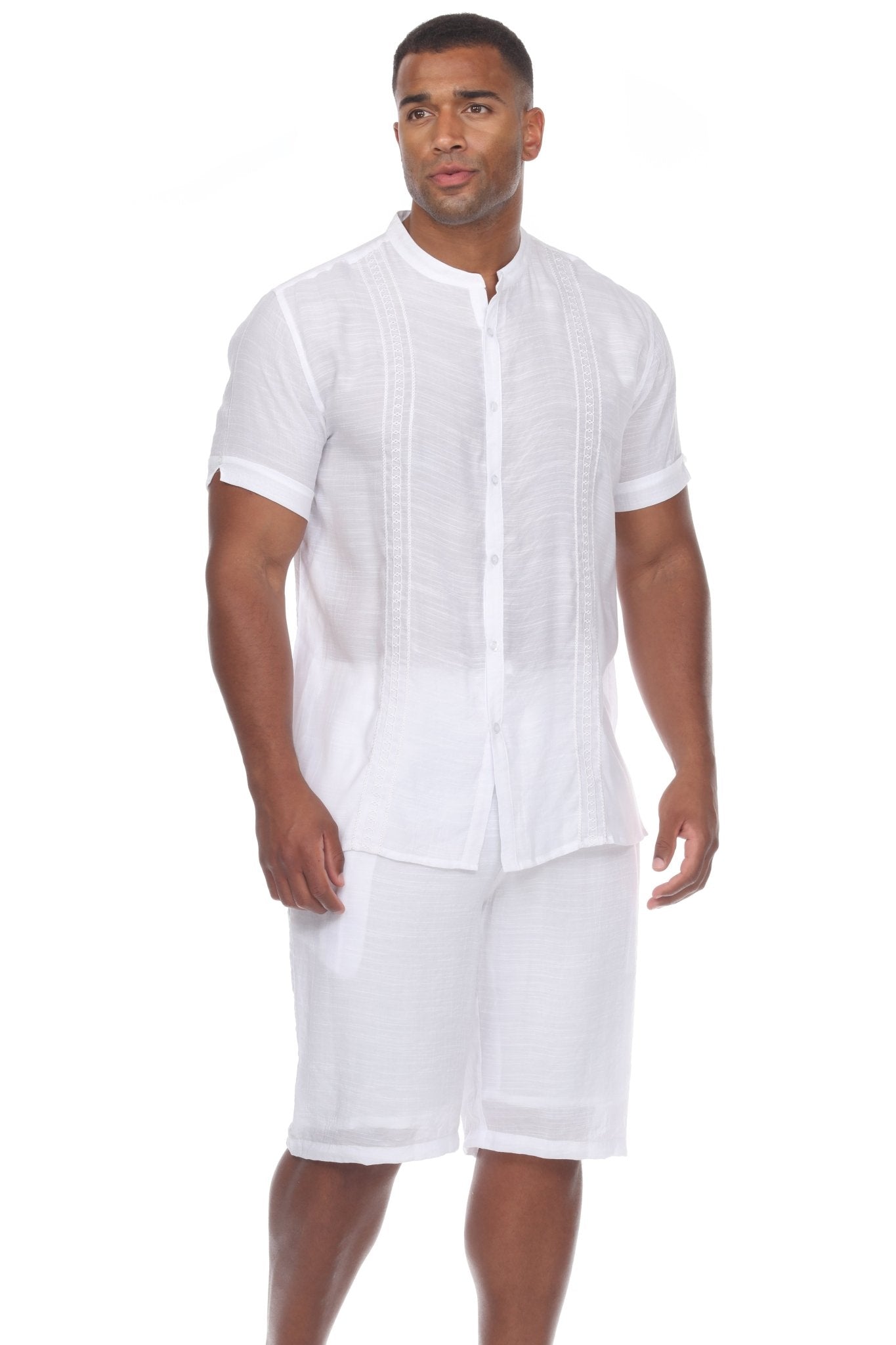 Camisa informal de playa con cuello mandarín y bordado para hombre, manga corta con botones