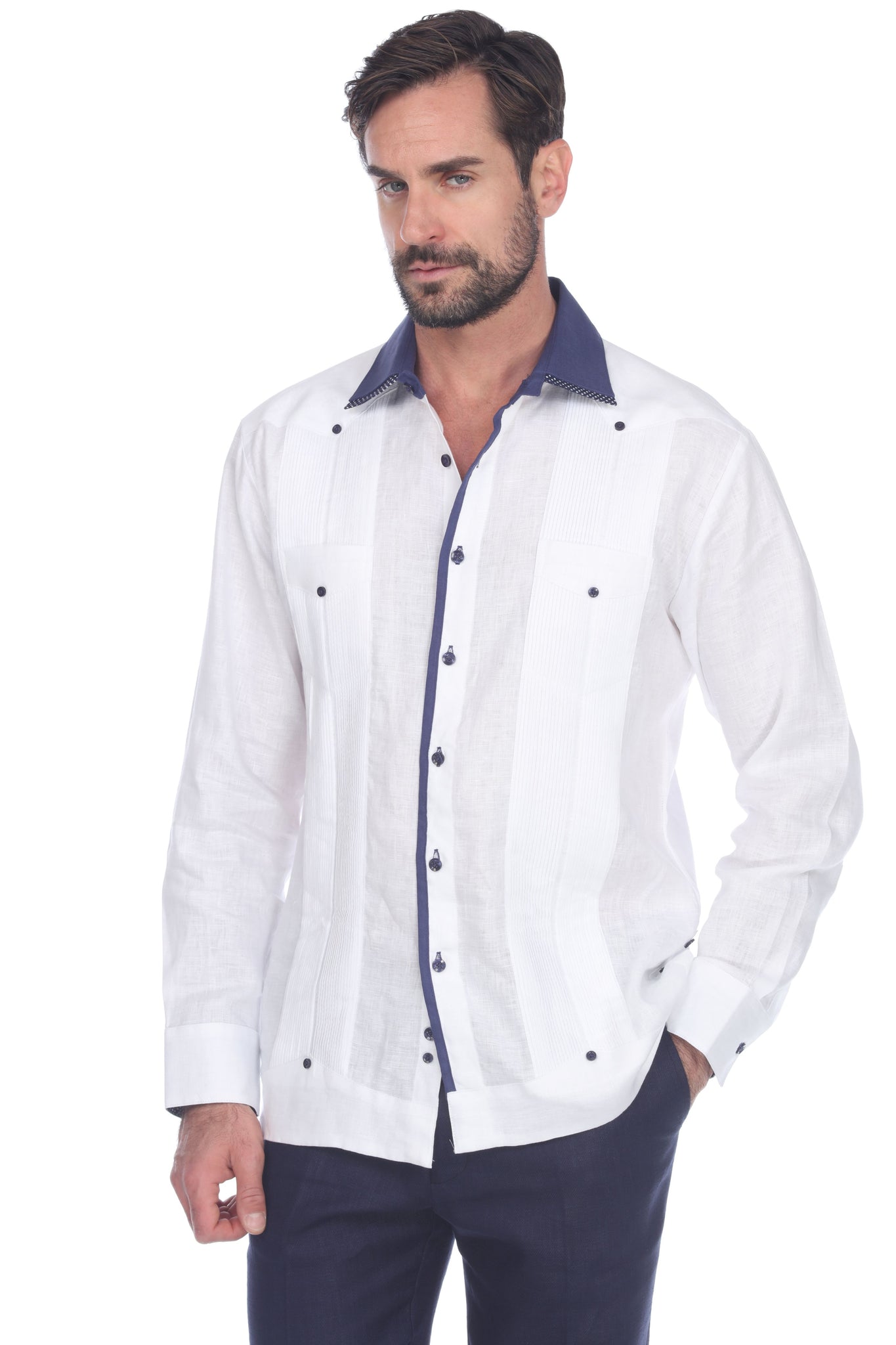 Mojito Men's Guayabera Shirt Long Sleeve 100% Linen with Stylish Print Trim Accent - Mojito Collection - Guayabera, Long Sleeve Shirt, Mens Shirt, Mojito Guayabera Shirt