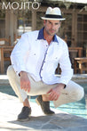Mojito Men's Guayabera Shirt Long Sleeve 100% Linen with Stylish Print Trim Accent - Mojito Collection - Guayabera, Long Sleeve Shirt, Mens Shirt, Mojito Guayabera Shirt