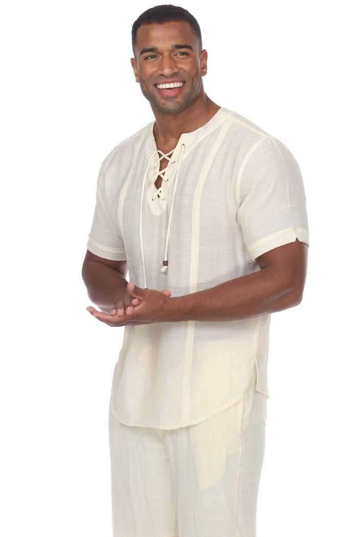 Beachwear Henley Lace Up Shirt Short Sleeve