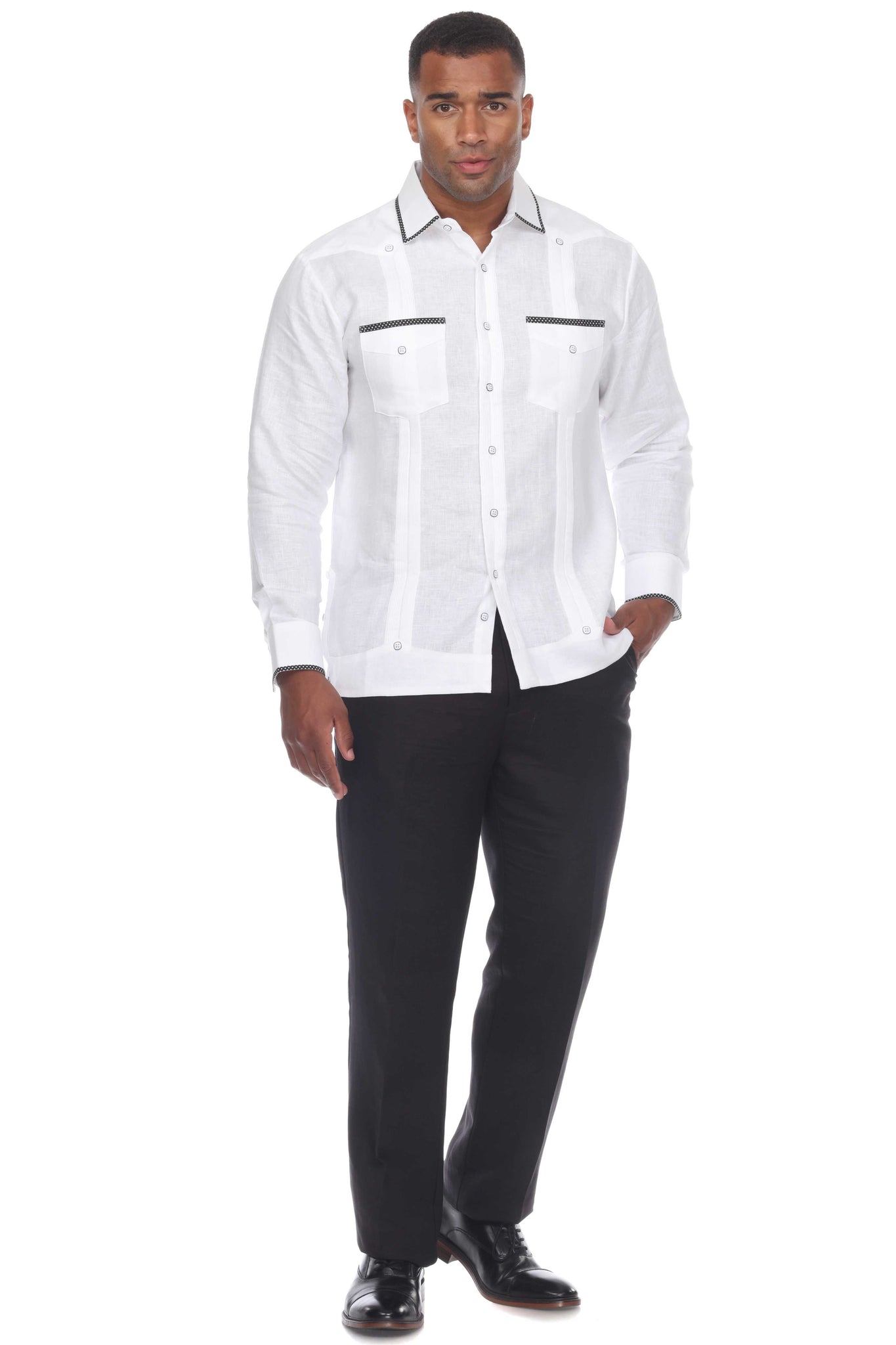 Mojito Men's Guayabera Shirt Long Sleeve 100% Linen with Stylish Polka Dot Print Trim - Mojito Collection - Guayabera, Long Sleeve Shirt, Mens Shirt, Mojito Guayabera Shirt