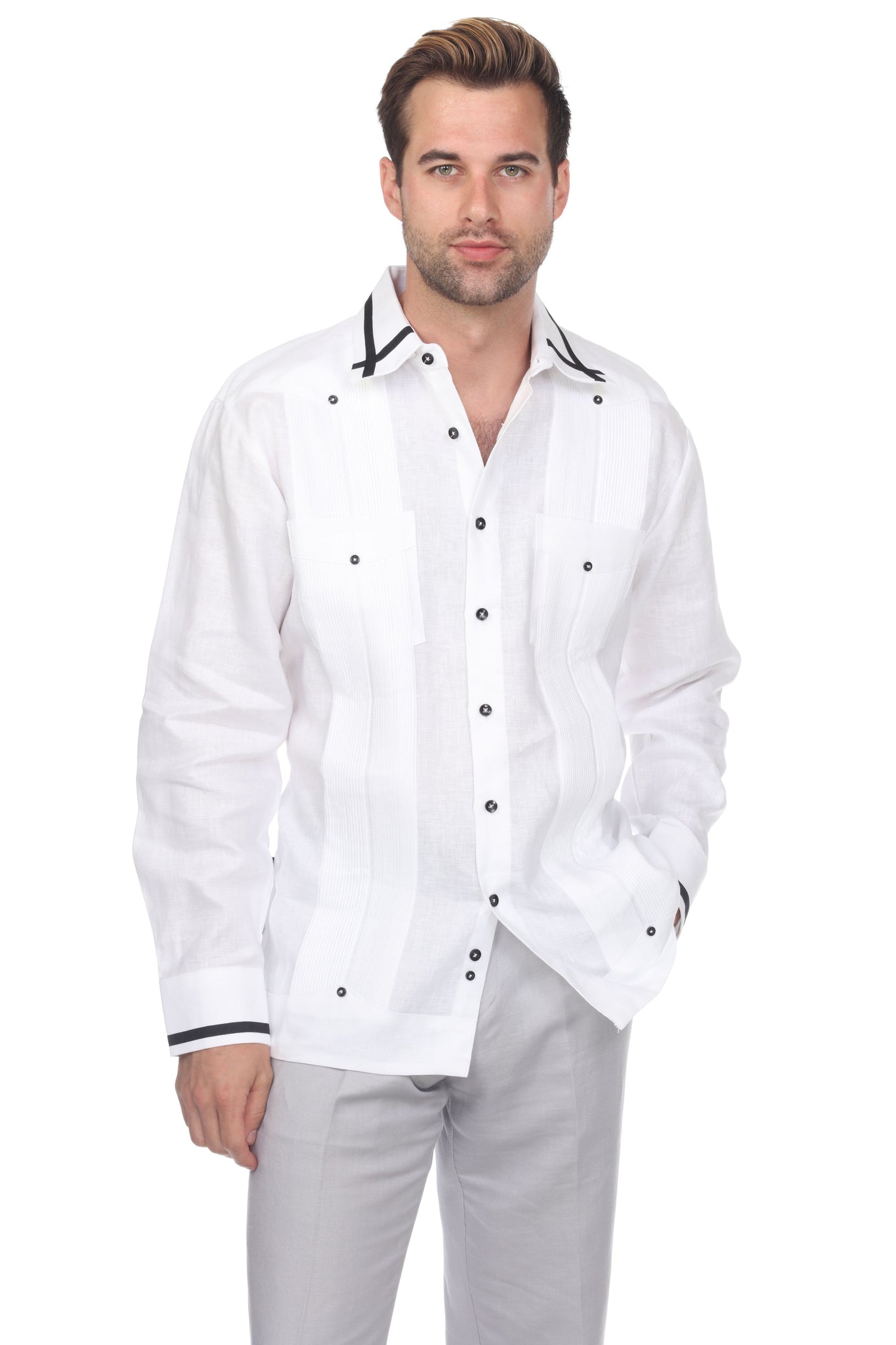 Mojito Men's Guayabera Shirt Long Sleeve 100% Linen with Stylish Stripe Trim - Mojito Collection - Guayabera, Long Sleeve Shirt, Mens Shirt, Mojito Guayabera Shirt
