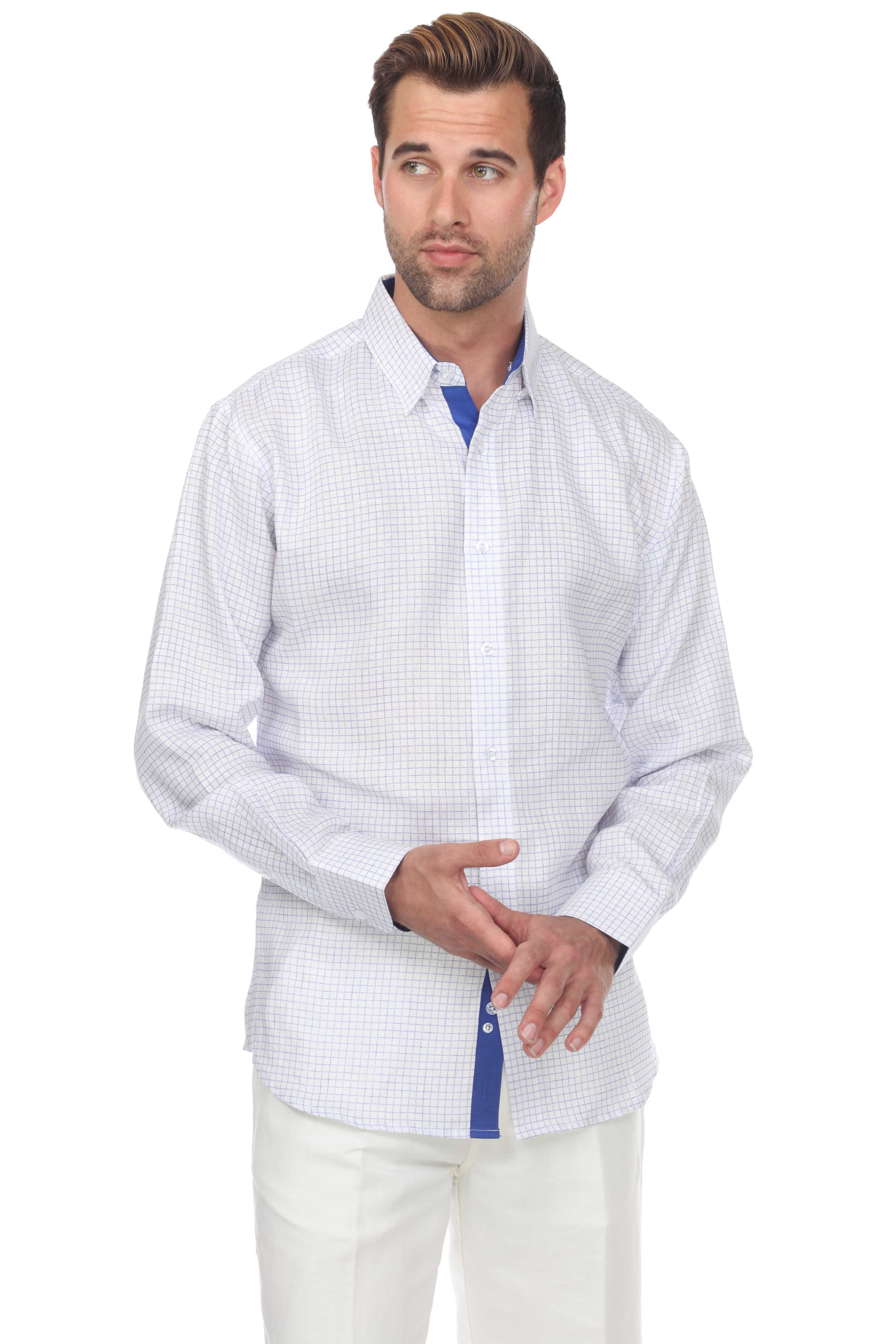 Men's Causal Checker Print Shirt 100% Linen Long Sleeve - Mojito Collection - Guayabera, Long Sleeve Shirt, Mens Shirt, Mojito Guayabera Shirt