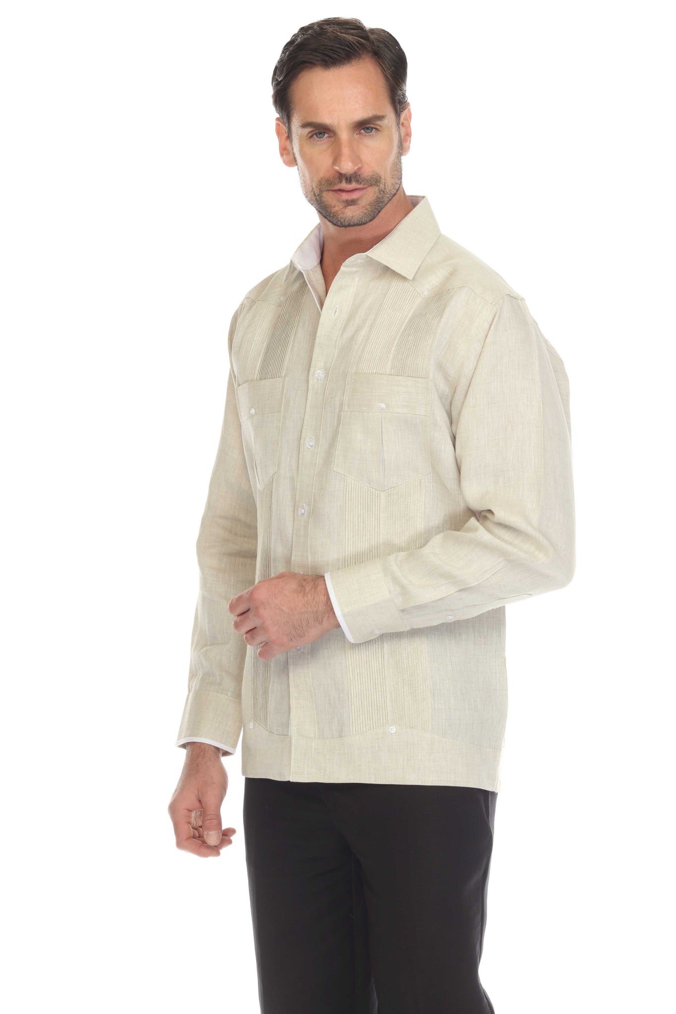 Mojito Men's 100% Linen Guayabera Shirt Long Sleeve with Print Trim Accent - Mojito Collection - Guayabera, Long Sleeve Shirt, Mens Shirt, Mojito Guayabera Shirt