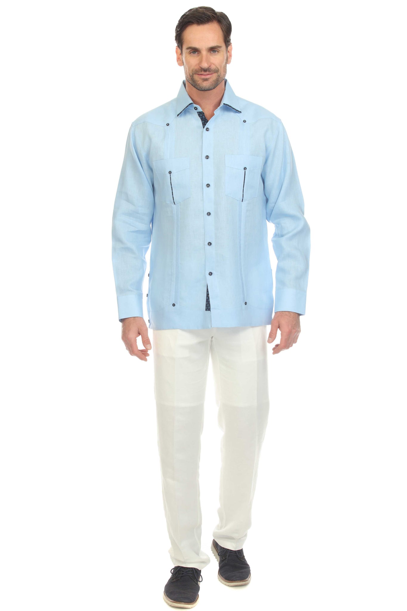 Mojito Men's 100% Linen Guayabera Shirt Long Sleeve with Solid Color Trim Accent