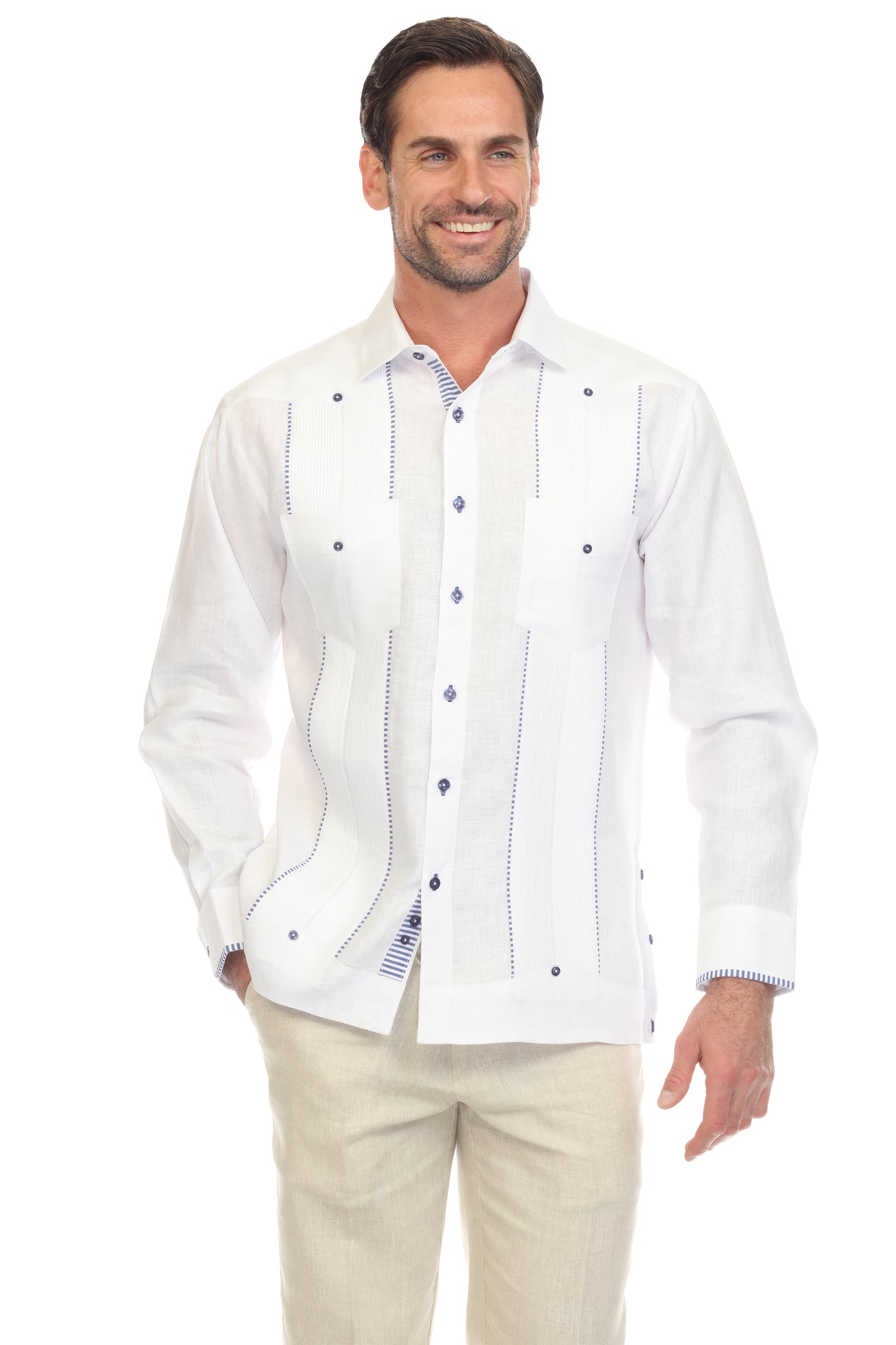 Mojito Men's 100% Linen Guayabera Shirt Long Sleeve with Print Trim Accent