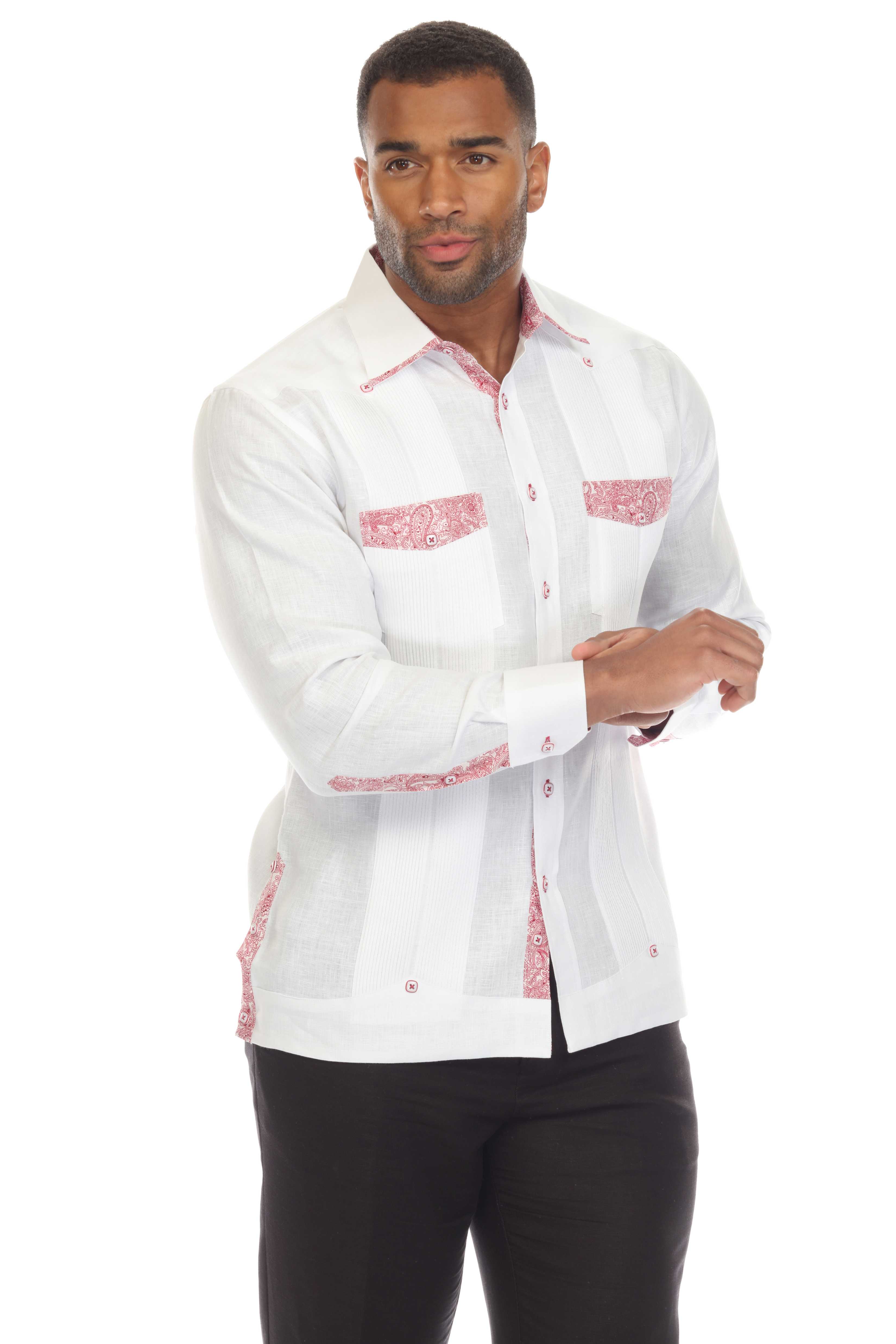 Mojito Men's 100% Linen Guayabera Shirt Long Sleeve with Print Trim Accent - Mojito Collection - Guayabera, Long Sleeve Shirt, Mens Shirt, Mojito Guayabera Shirt