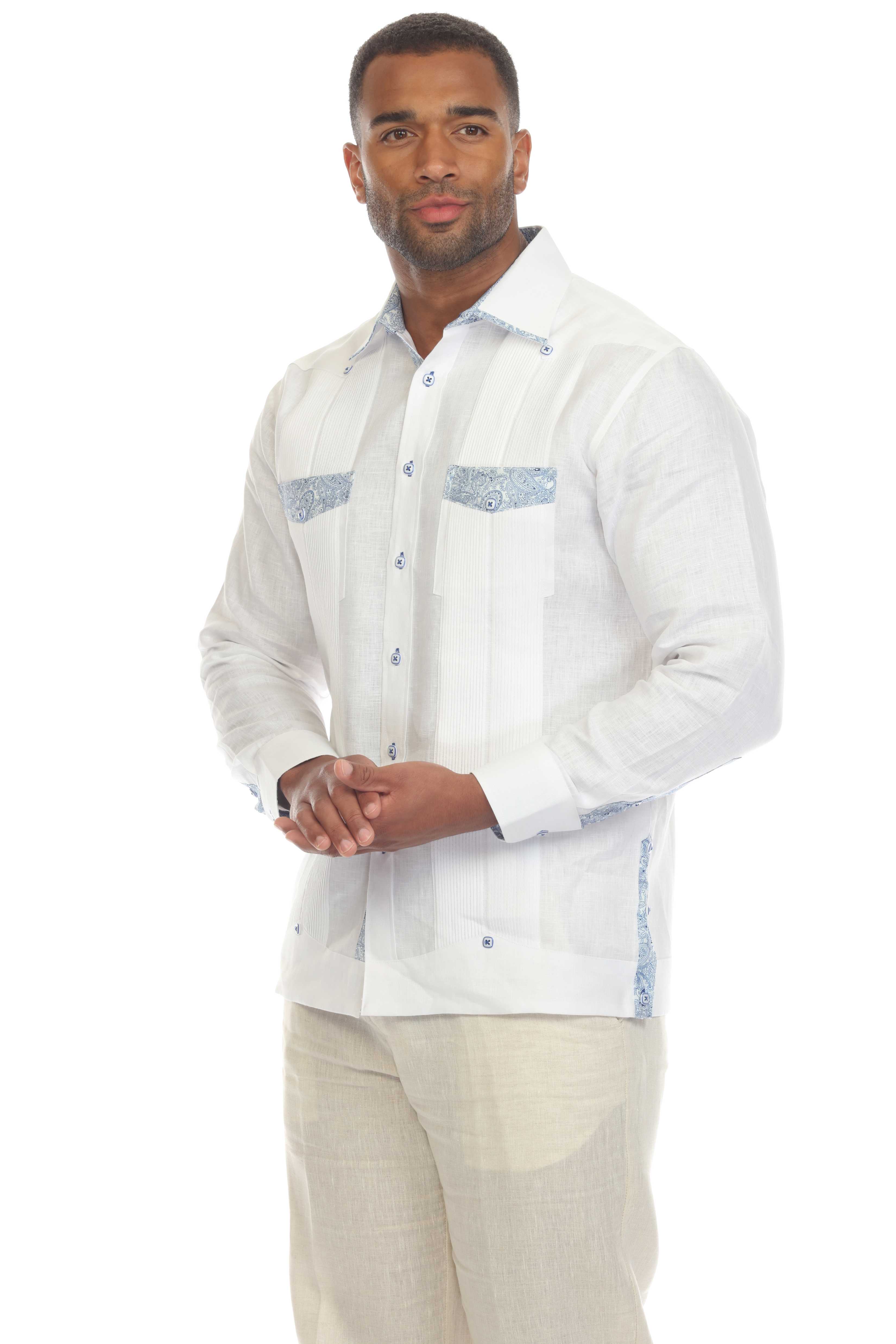 Mojito Men's 100% Linen Guayabera Shirt Long Sleeve with Print Trim Accent - Mojito Collection - Guayabera, Long Sleeve Shirt, Mens Shirt, Mojito Guayabera Shirt
