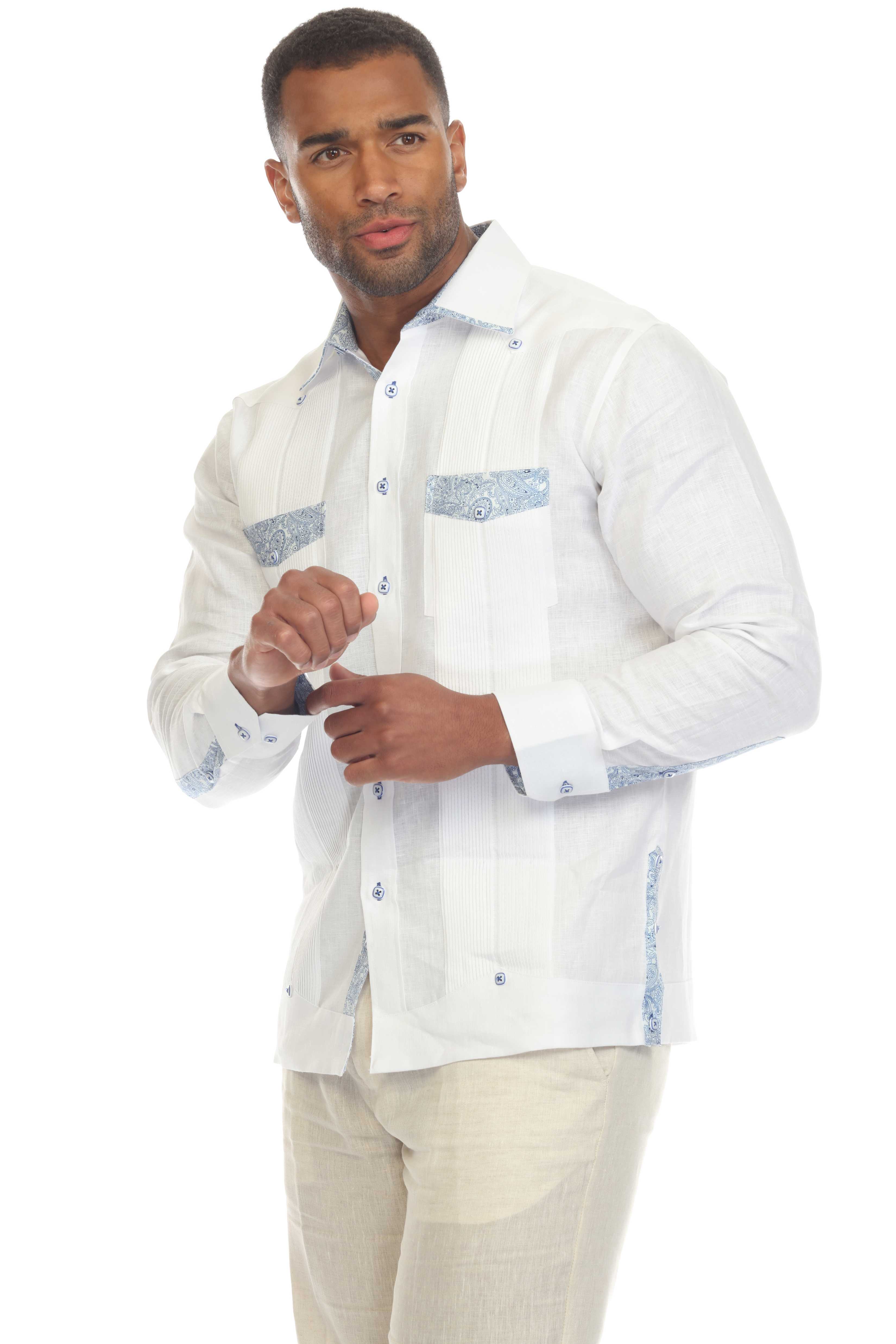 Mojito Men's 100% Linen Guayabera Shirt Long Sleeve with Print Trim Accent - Mojito Collection - Guayabera, Long Sleeve Shirt, Mens Shirt, Mojito Guayabera Shirt