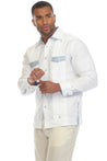 Mojito Men's 100% Linen Guayabera Shirt Long Sleeve with Print Trim Accent - Mojito Collection - Guayabera, Long Sleeve Shirt, Mens Shirt, Mojito Guayabera Shirt