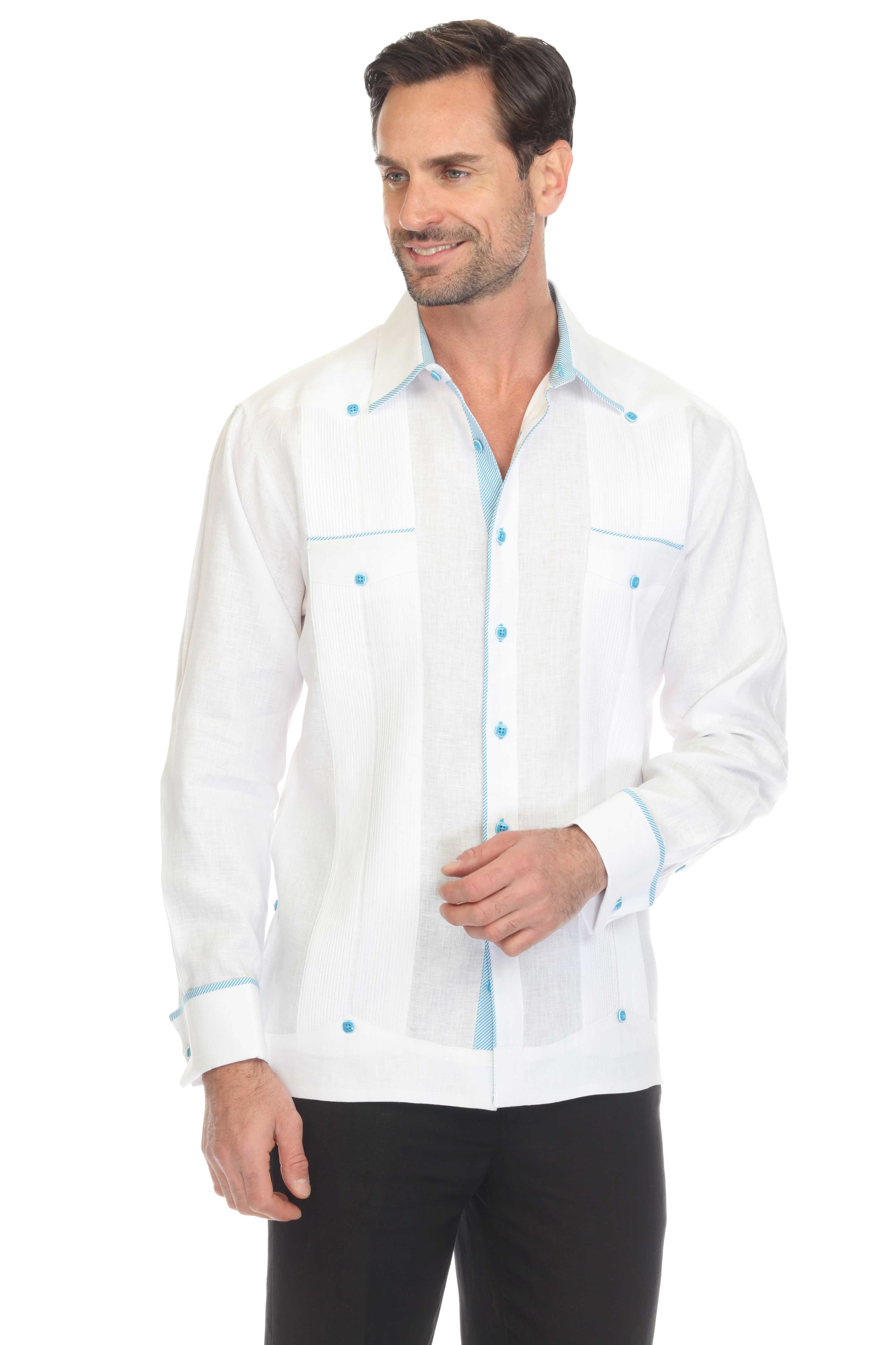 Mojito Men's 100% Linen Guayabera Shirt Long Sleeve with Print Trim Accent - Mojito Collection - Guayabera, Long Sleeve Shirt, Mens Shirt, Mojito Guayabera Shirt