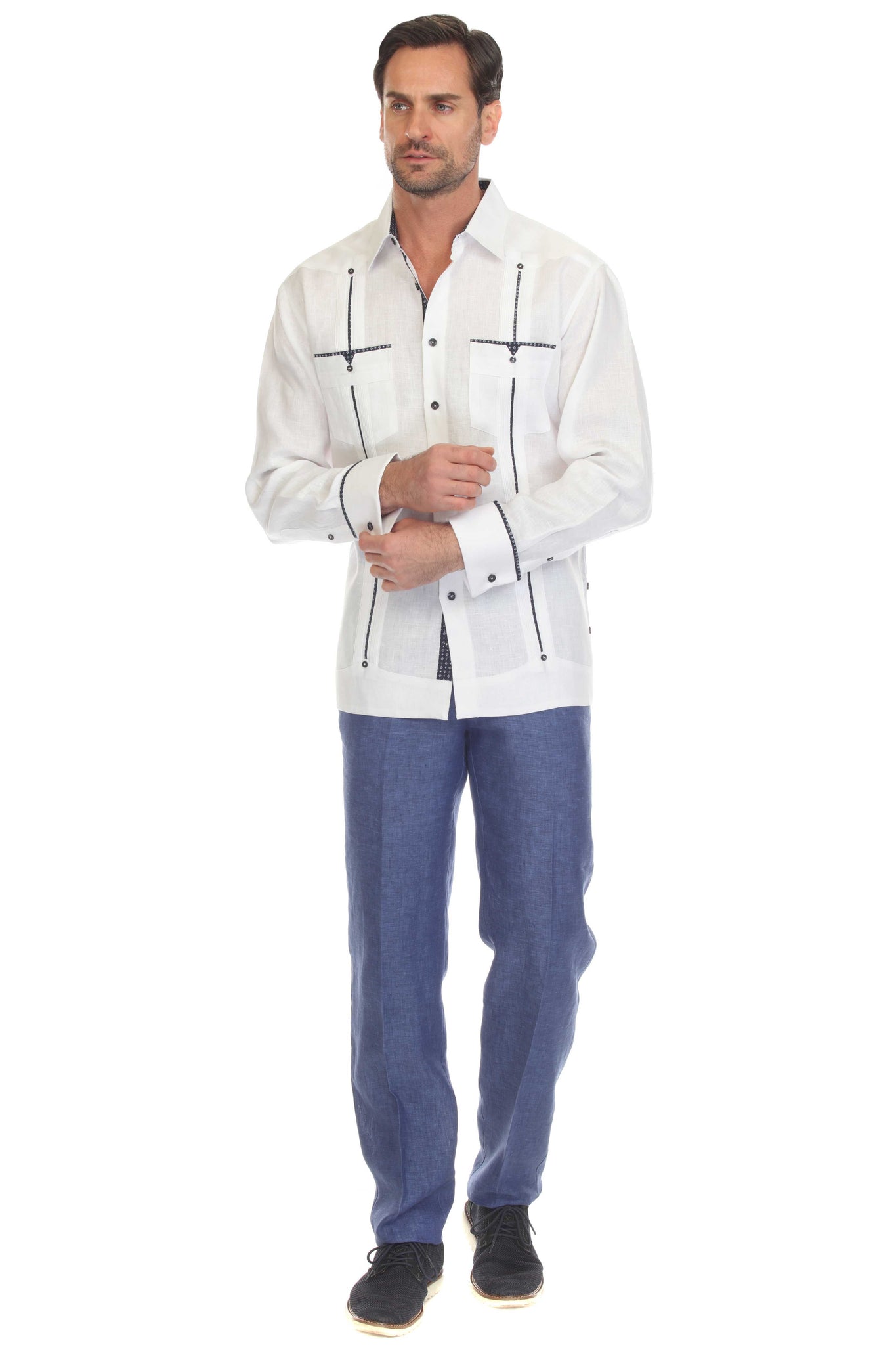 Mojito Men's 100% Linen Guayabera Shirt Long Sleeve with Print Trim Accent