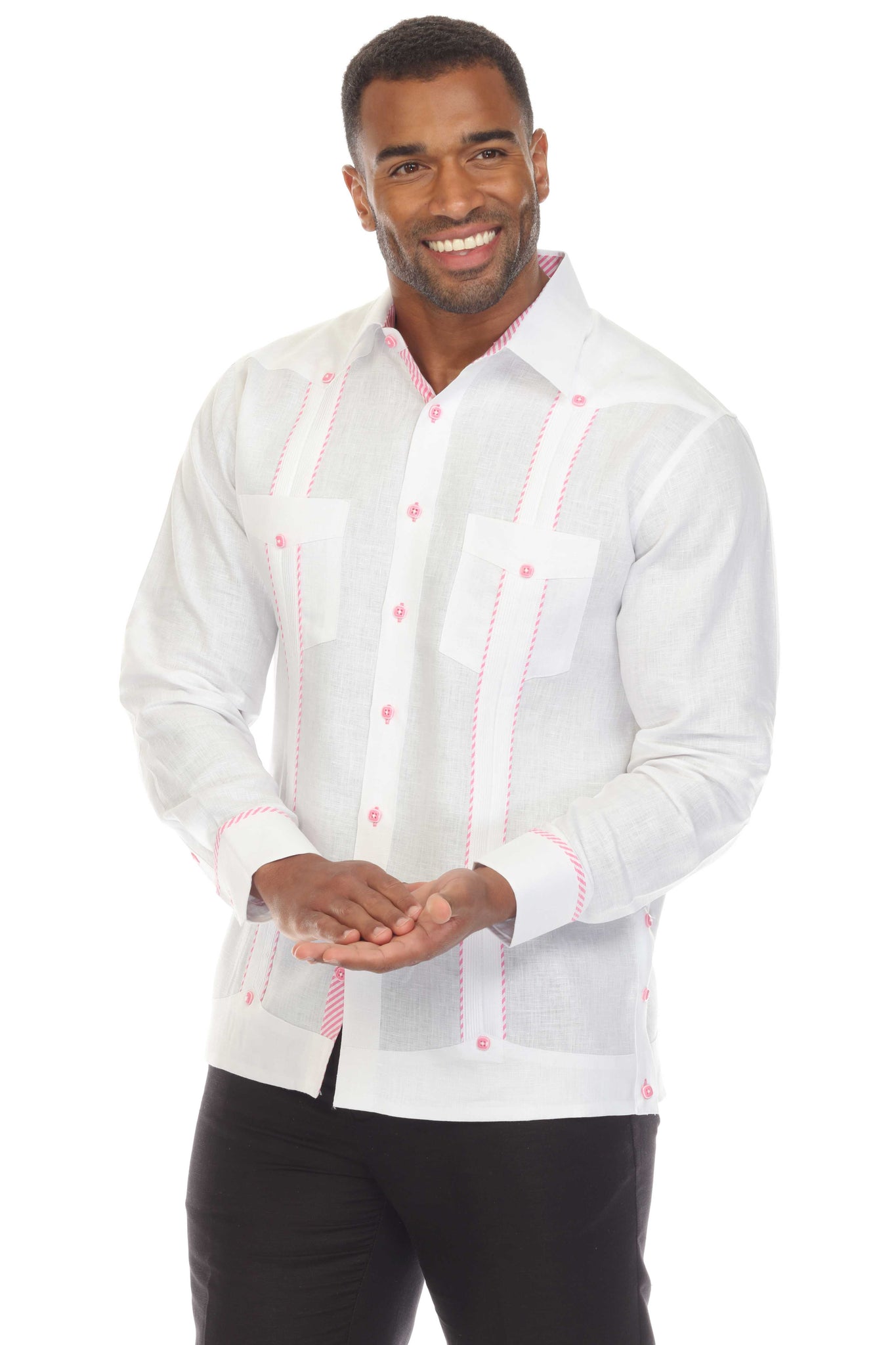 Mojito Men's 100% Linen Guayabera Shirt Long Sleeve with Print Stripe Trim Accent