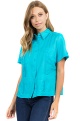Guayabera tradicional de manga corta con 4 bolsillos, 100 % lino, para mujer
