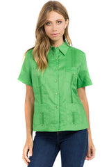 Guayabera tradicional de manga corta con 4 bolsillos, 100 % lino, para mujer