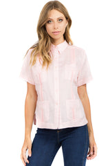 Guayabera tradicional de manga corta con 4 bolsillos, 100 % lino, para mujer