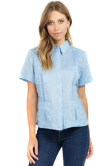 Guayabera tradicional de manga corta con 4 bolsillos, 100 % lino, para mujer
