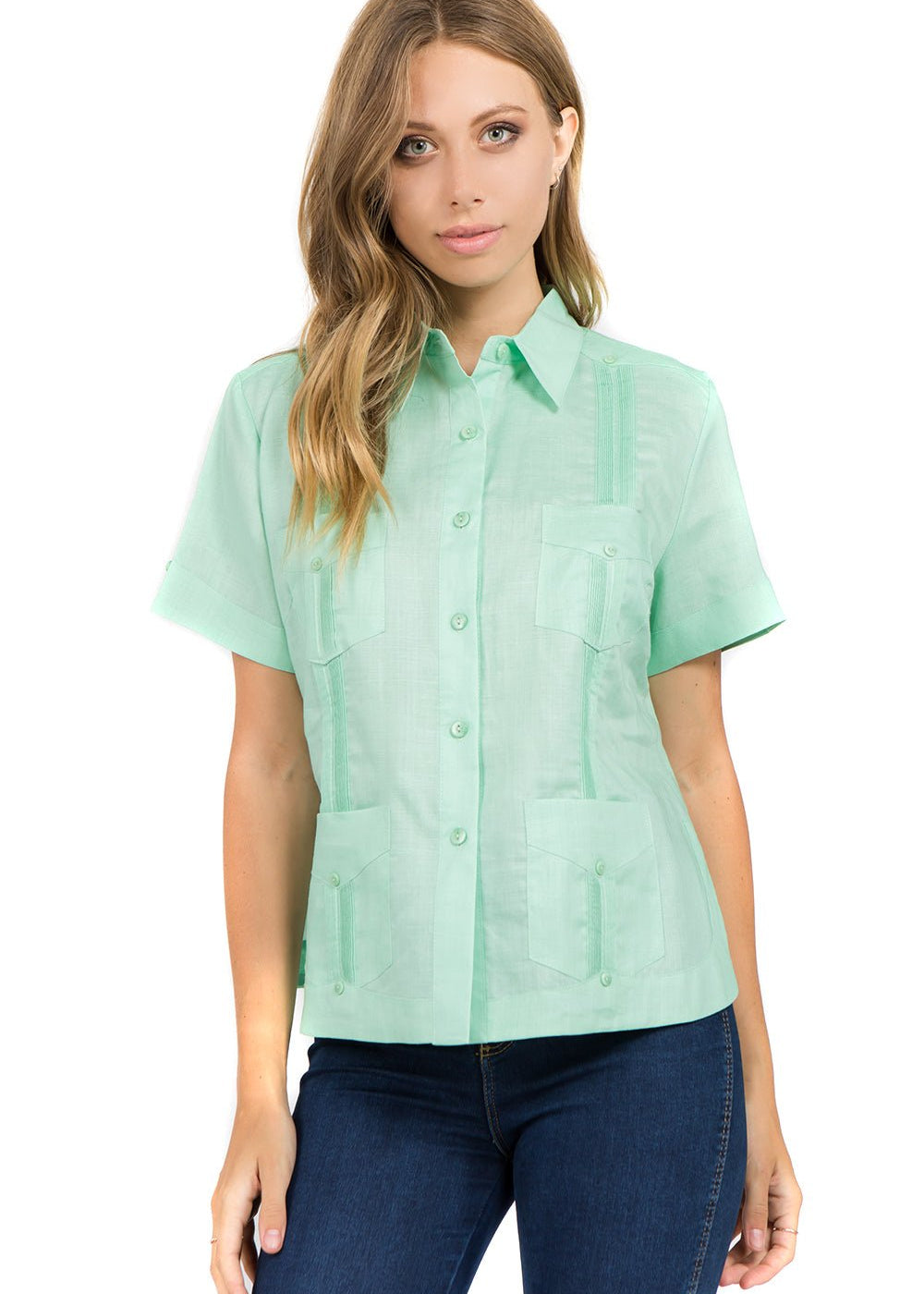 Women's Traditional Guayabera Shirt Premium 100% Linen Short Sleeve XS-3X - Mojito Collection - Ladies Guayabera Shirt, Mojito Lady Guayabera, Short Sleeve Shirt, Women's Guayabera, Womens Sh