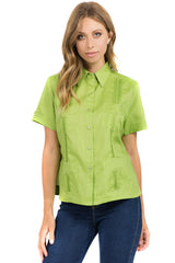 Guayabera tradicional de manga corta con 4 bolsillos, 100 % lino, para mujer