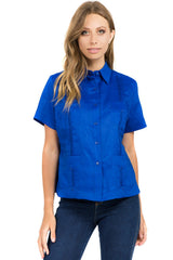 Guayabera tradicional de manga corta con 4 bolsillos, 100 % lino, para mujer