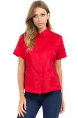 Guayabera tradicional de manga corta con 4 bolsillos, 100 % lino, para mujer