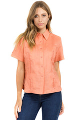 Guayabera tradicional de manga corta con 4 bolsillos, 100 % lino, para mujer