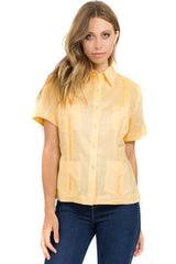 Guayabera tradicional de manga corta con 4 bolsillos, 100 % lino, para mujer