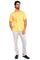 Full-body shot of a model wearing a yellow Men’s Big & Tall Linen Guayabera Shirt with four pockets.