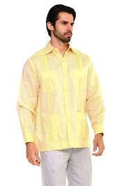 Front view of a man wearing a lemon yellow, long-sleeved, 4-pocket, linen Men’s Big & Tall Guayabera Shirt.