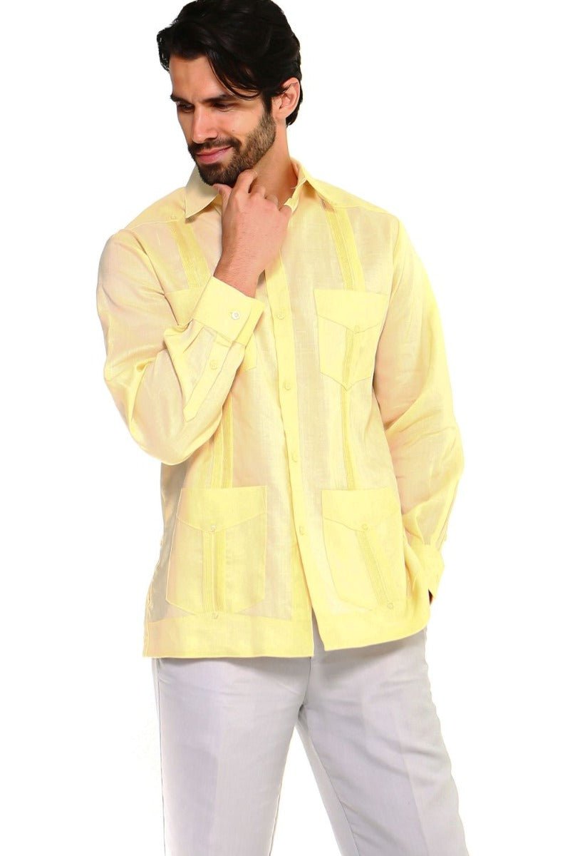 Man wearing a yellow long sleeve, 4-pocket Men’s Big & Tall Guayabera Shirt.