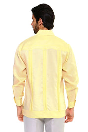 Back view of a man wearing a yellow long-sleeve Men’s Big & Tall Guayabera Shirt.