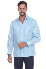 Camisa guayabera de manga larga con cuatro bolsillos para hombre, 100 % lino